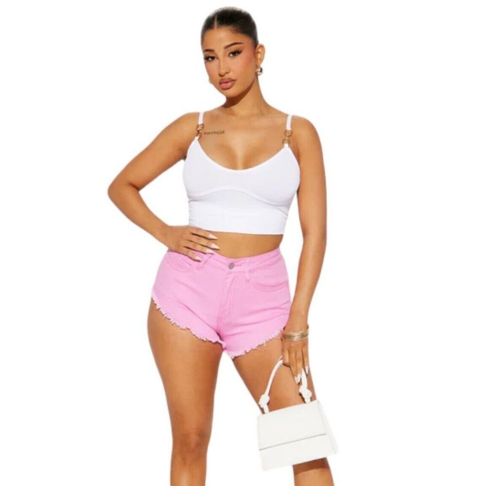 Lookin' All Cute Frayed Denim Shorts High Rise Pink Women's